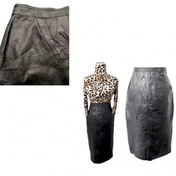Bermans Leather Pencil Skirt Black Distressed Pockets vintage size 12 large - Picture 1 of 12